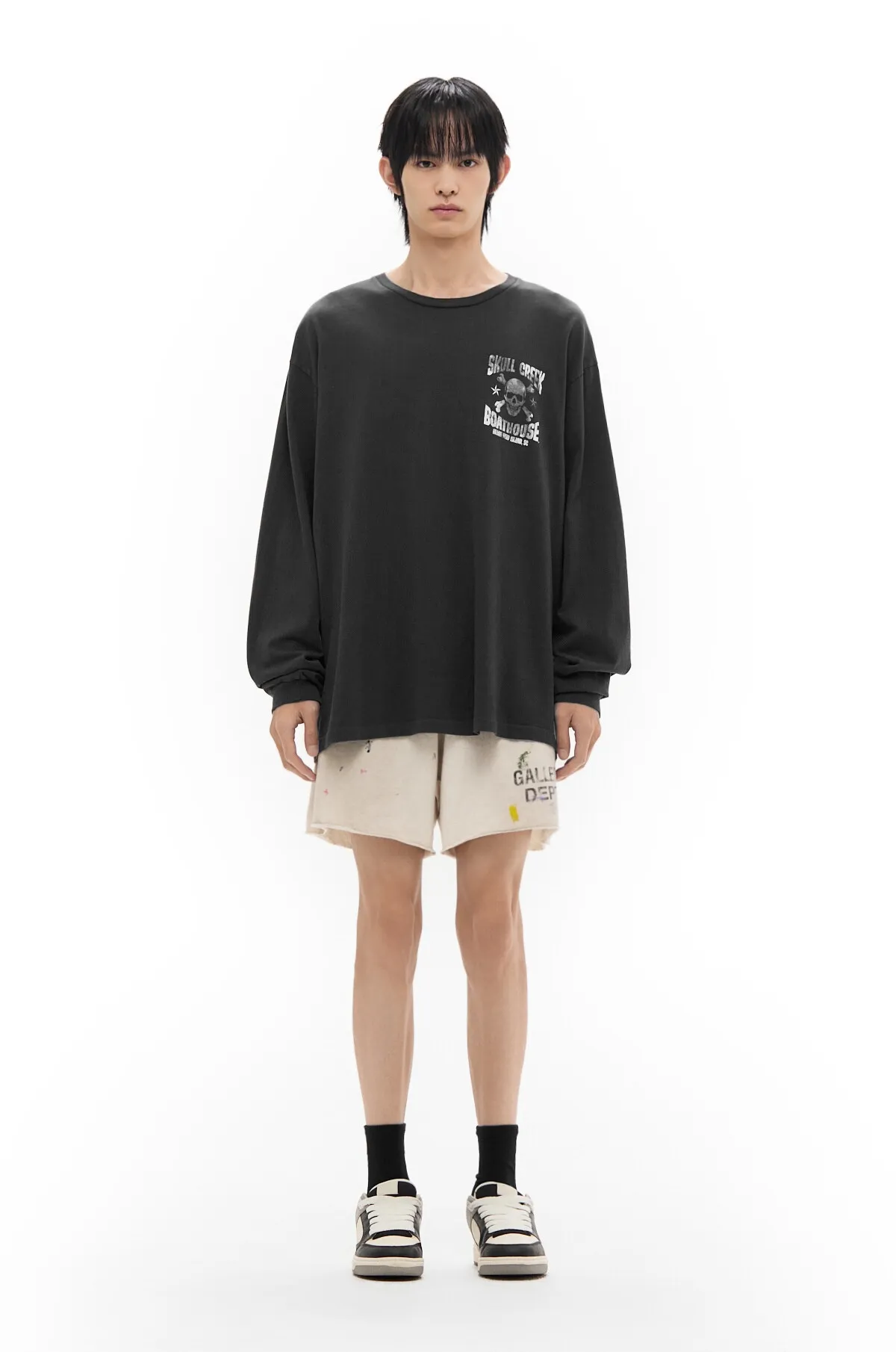 GALLERY DEPT. SKULL CREEK L/S TEE/BLK Glitter skull surf long sleeves, washed black S-XL, genuine development, correct version, garment dyed, washed and distressed, printing has a full sense of distress